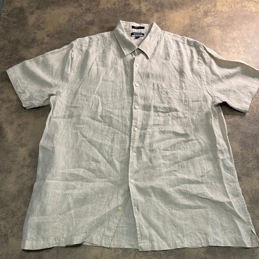 Brandini Button Down Shirt Mens XXL Tall Beige 100% Linen SS Pocket 2XLT